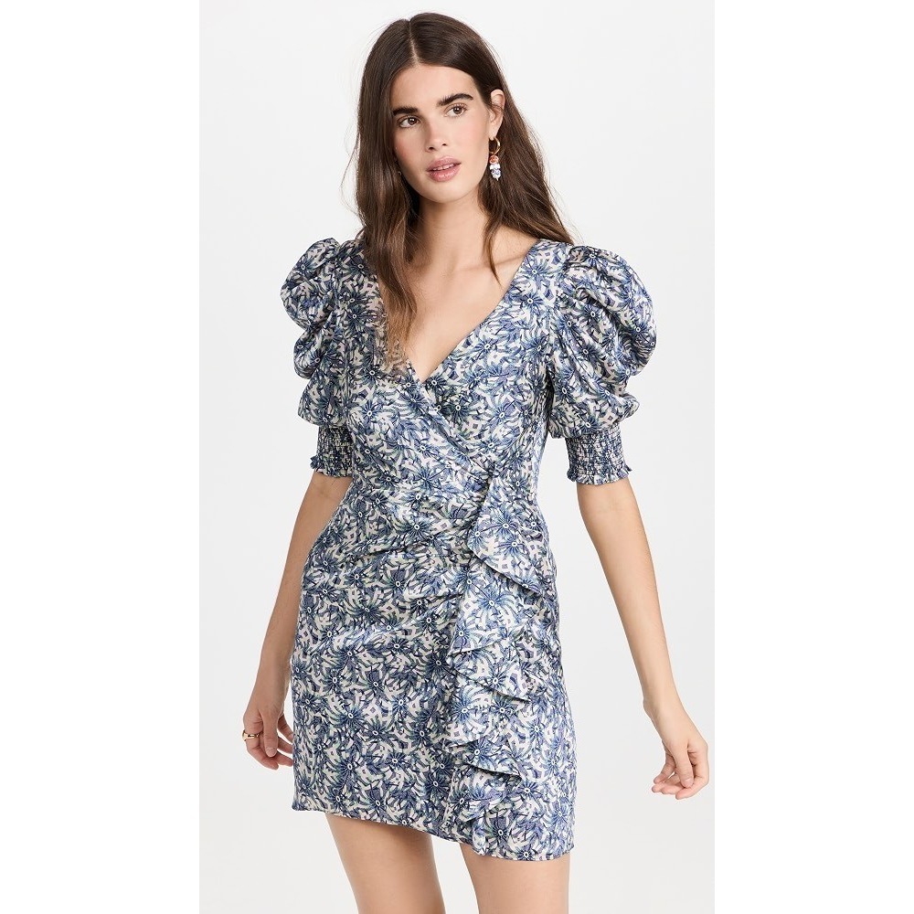 Cinq à Sept Lucinda Blue Green Ruffled Palm Floral Mini Dress Womens Size 6